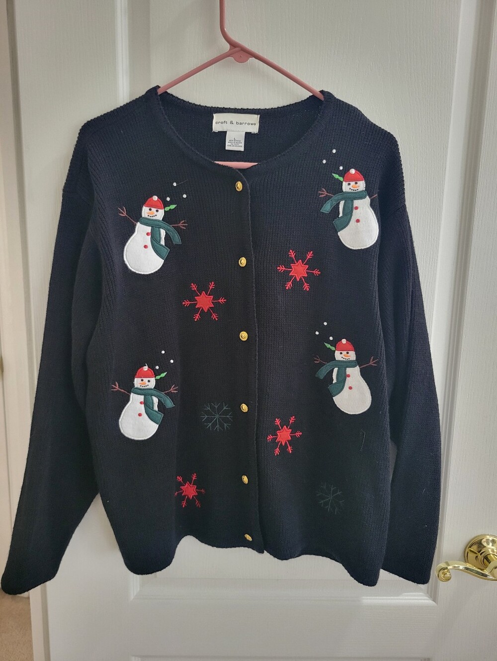 Vtg Croft & Barrow Snowman Cardigan Sweater L Black Ugly Christmas Grandmacore